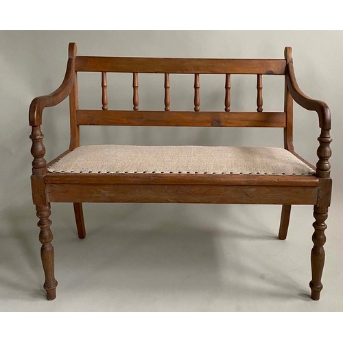 578 - HALL SEAT, early 20th century Edwardian, rail back with studded linen upholstered seat and down swep... 