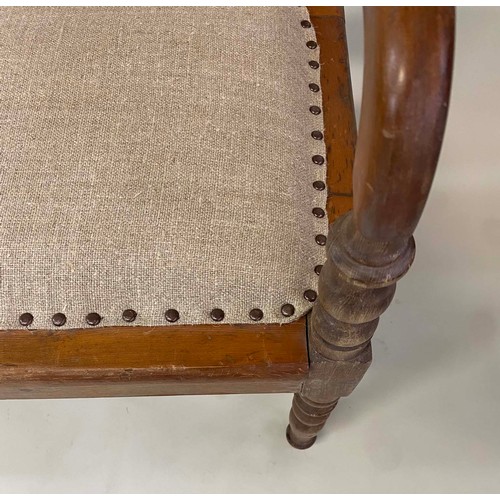 578 - HALL SEAT, early 20th century Edwardian, rail back with studded linen upholstered seat and down swep... 