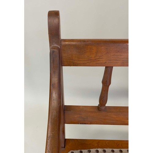 578 - HALL SEAT, early 20th century Edwardian, rail back with studded linen upholstered seat and down swep... 