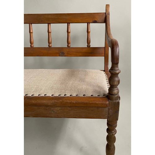 578 - HALL SEAT, early 20th century Edwardian, rail back with studded linen upholstered seat and down swep... 