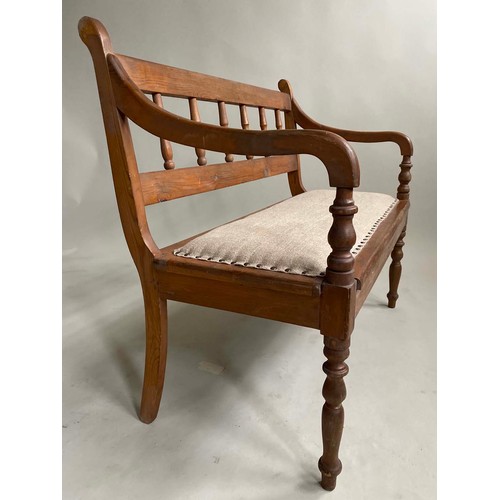 578 - HALL SEAT, early 20th century Edwardian, rail back with studded linen upholstered seat and down swep... 