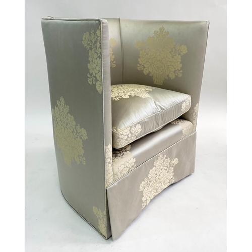 135 - TUB ARMCHAIR, silver gold silk sateen brocade, with arched back and cushion, 70cm W.