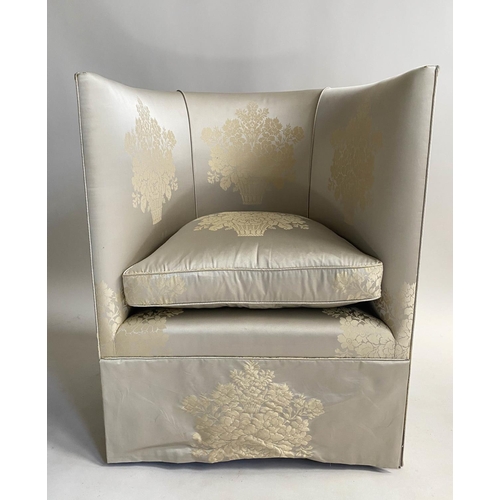 135 - TUB ARMCHAIR, silver gold silk sateen brocade, with arched back and cushion, 70cm W.