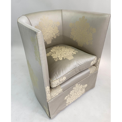 135 - TUB ARMCHAIR, silver gold silk sateen brocade, with arched back and cushion, 70cm W.