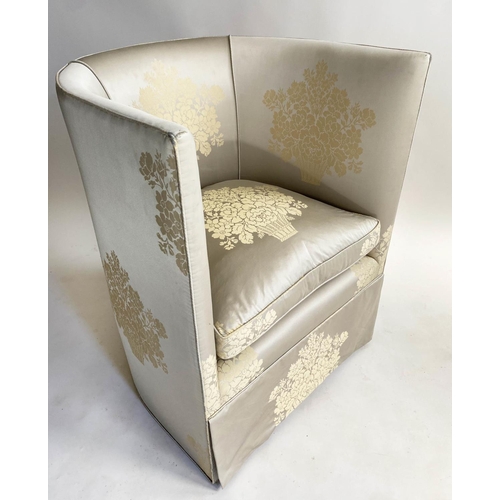 135 - TUB ARMCHAIR, silver gold silk sateen brocade, with arched back and cushion, 70cm W.