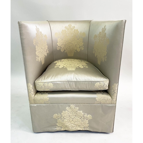 135 - TUB ARMCHAIR, silver gold silk sateen brocade, with arched back and cushion, 70cm W.