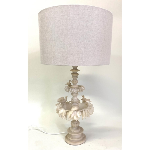 592 - ALABASTER TABLE LAMP, Italian, carved with two tiers and birds and linen shade, 70cm H.