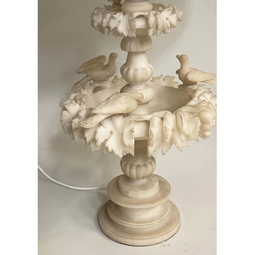 592 - ALABASTER TABLE LAMP, Italian, carved with two tiers and birds and linen shade, 70cm H.