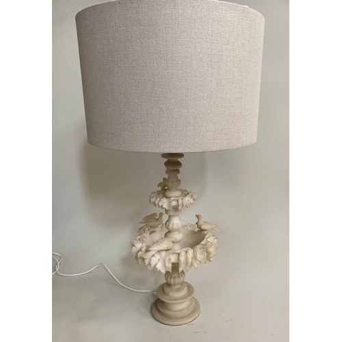 592 - ALABASTER TABLE LAMP, Italian, carved with two tiers and birds and linen shade, 70cm H.