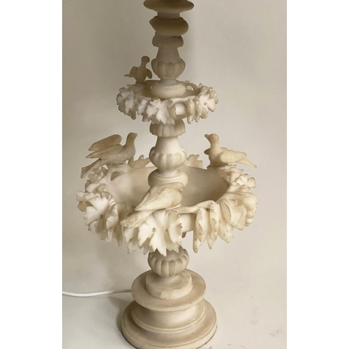 592 - ALABASTER TABLE LAMP, Italian, carved with two tiers and birds and linen shade, 70cm H.