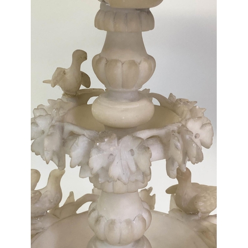 592 - ALABASTER TABLE LAMP, Italian, carved with two tiers and birds and linen shade, 70cm H.