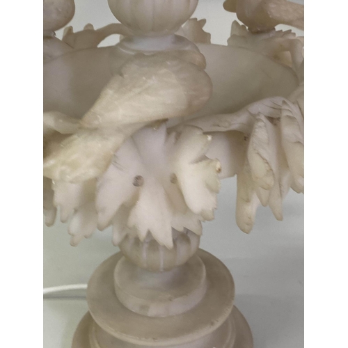 592 - ALABASTER TABLE LAMP, Italian, carved with two tiers and birds and linen shade, 70cm H.