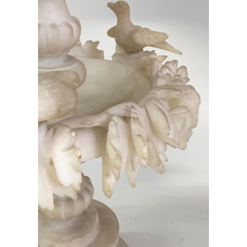 592 - ALABASTER TABLE LAMP, Italian, carved with two tiers and birds and linen shade, 70cm H.