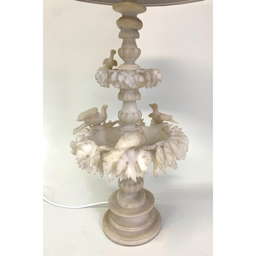 592 - ALABASTER TABLE LAMP, Italian, carved with two tiers and birds and linen shade, 70cm H.