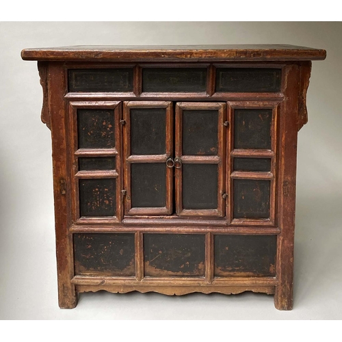 594 - CHINESE CABINET, 19th century, scarlet lacquered, with lattice front and two panelled doors, 97cm x ... 