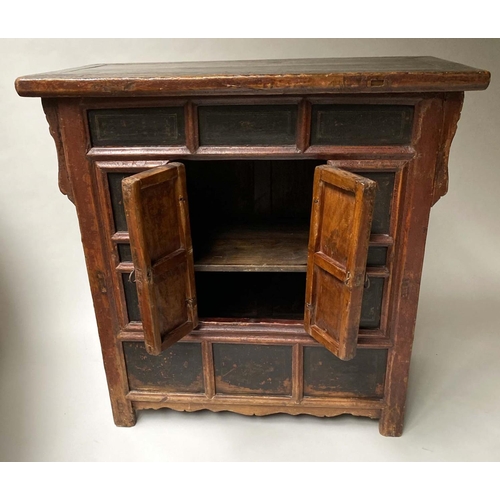 594 - CHINESE CABINET, 19th century, scarlet lacquered, with lattice front and two panelled doors, 97cm x ... 