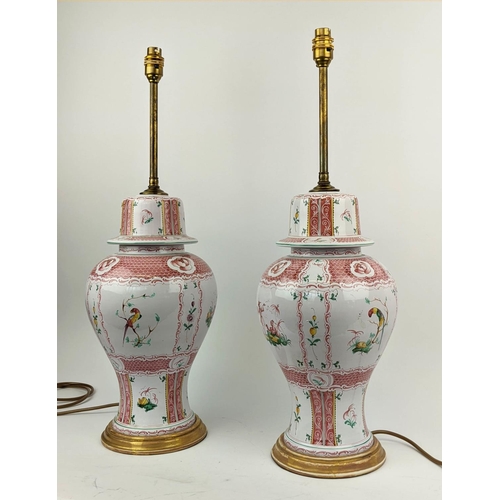10 - CHINESE TABLE LAMPS, a pair, bases each 42cm H including stems each 66cm H and Chinoiserie porcelain... 