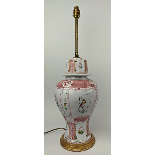 10 - CHINESE TABLE LAMPS, a pair, bases each 42cm H including stems each 66cm H and Chinoiserie porcelain... 
