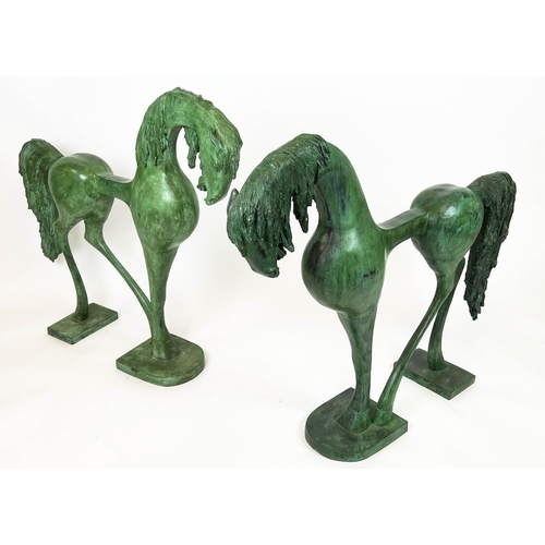11 - HORSE SCULPTURES, a pair, verdigris bronze, 110cm x 100cm. (2)
