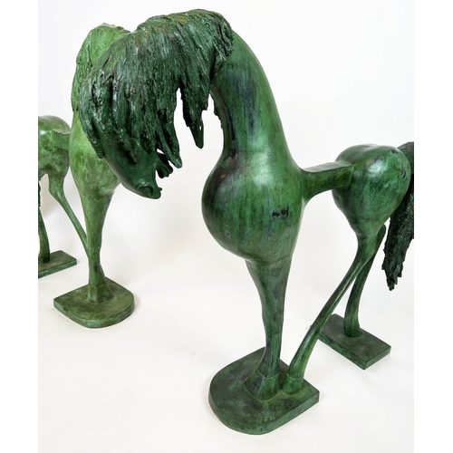 11 - HORSE SCULPTURES, a pair, verdigris bronze, 110cm x 100cm. (2)