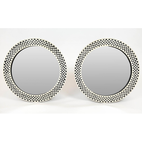 131 - WALL MIRRORS, a pair, 1970's Italian design 'fish scale' inlaid circular frames, 61cm diam. (2)