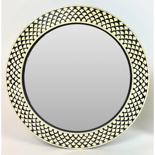 131 - WALL MIRRORS, a pair, 1970's Italian design 'fish scale' inlaid circular frames, 61cm diam. (2)