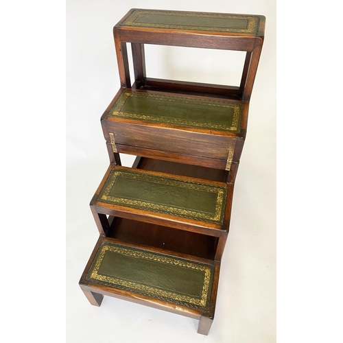 143 - METAMORPHIC LIBRARY STEPS, George III style, a set of four gilt tooled leather tread steps transform... 