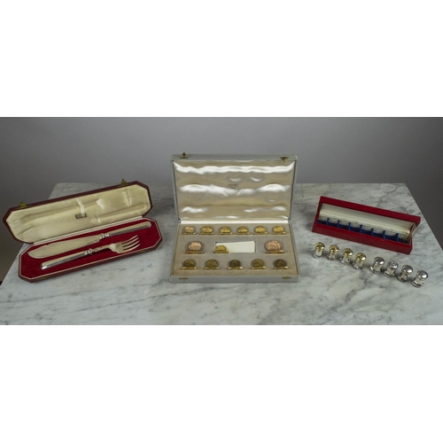 15 - HERMES COIN PLACE CARD HOLDERS,  a set of fourteen boxed, a set of eight Cartier silver salt and pep... 