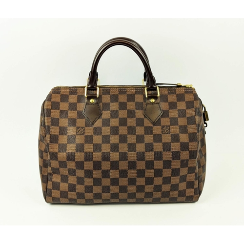 21 - LOUIS VUITTON DAMIER EBENE SPEEDY 30 BAG, top leather rolled handles and leather trims, top zip clos... 