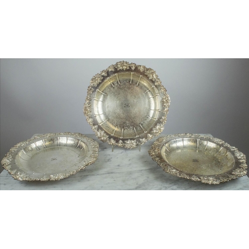 5 - GARRARD AND CO LTD DISHES, three, silver plated with ornate foliate border and engraved decoration w... 