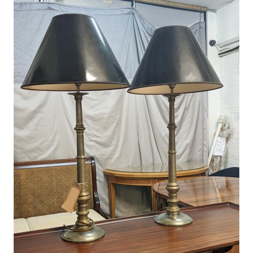 551 - TABLE LAMPS, a pair, metal columns bases, 63cm with shades, each overall 95cm H. (2)