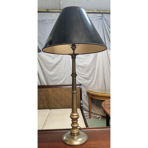 551 - TABLE LAMPS, a pair, metal columns bases, 63cm with shades, each overall 95cm H. (2)