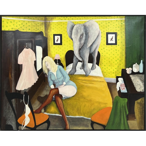 57 - EDDIE WOLFRAM (b. 1940) 'Bed-Sitter', oil on canvas, 121cm x 92cm, framed. (Subject to ARR - see Buy... 
