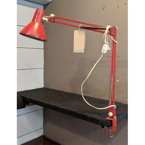 596 - ANGLEPOISE STYLE LAMP, approx 70cm tall, clamp base, red.