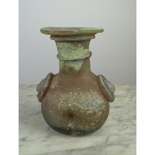 7 - ART GLASS VASE, in Roman style with encrustations and masks indistinctly signed, 22cm H x 18cm W.