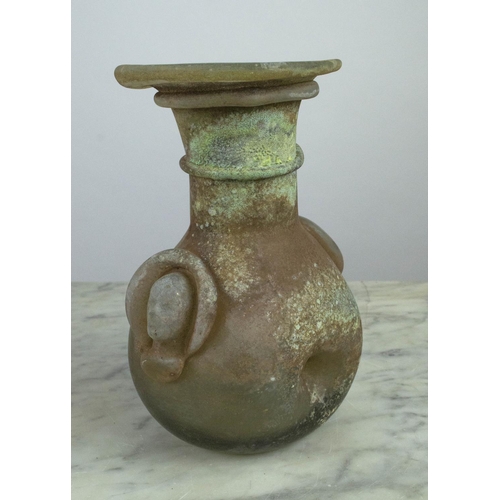 7 - ART GLASS VASE, in Roman style with encrustations and masks indistinctly signed, 22cm H x 18cm W.