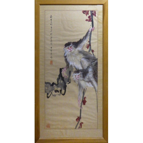 84 - CHINESE SCHOOL 'Monkeys Hanging from a Branch', watercolour and gouache on silk, inscribed upper lef... 