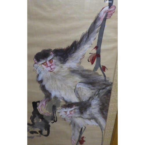 84 - CHINESE SCHOOL 'Monkeys Hanging from a Branch', watercolour and gouache on silk, inscribed upper lef... 