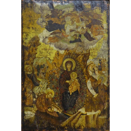 85 - GREEK ICON, depicting the Virgin and Child Enthroned and Biblic Stories, oil on panel, 60cm x 40cm.