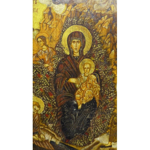 85 - GREEK ICON, depicting the Virgin and Child Enthroned and Biblic Stories, oil on panel, 60cm x 40cm.