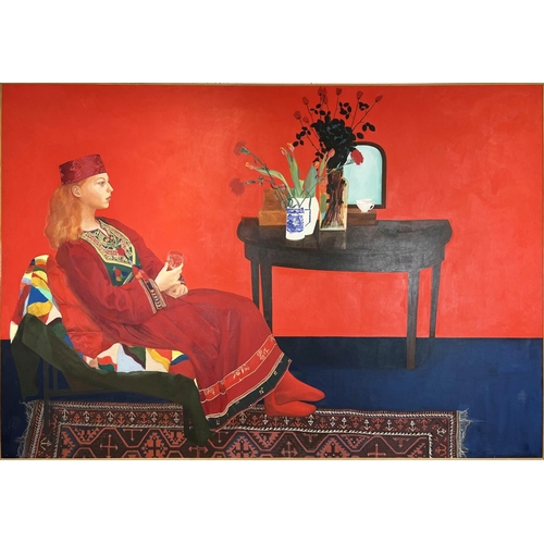 86 - MANNER OF DAVID HOCKNEY (b.1937) 'Lady in a Red Interior', oil on canvas, 245cm x 170cm, framed.