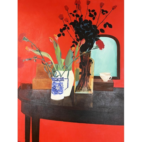 86 - MANNER OF DAVID HOCKNEY (b.1937) 'Lady in a Red Interior', oil on canvas, 245cm x 170cm, framed.