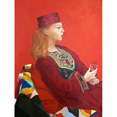 86 - MANNER OF DAVID HOCKNEY (b.1937) 'Lady in a Red Interior', oil on canvas, 245cm x 170cm, framed.