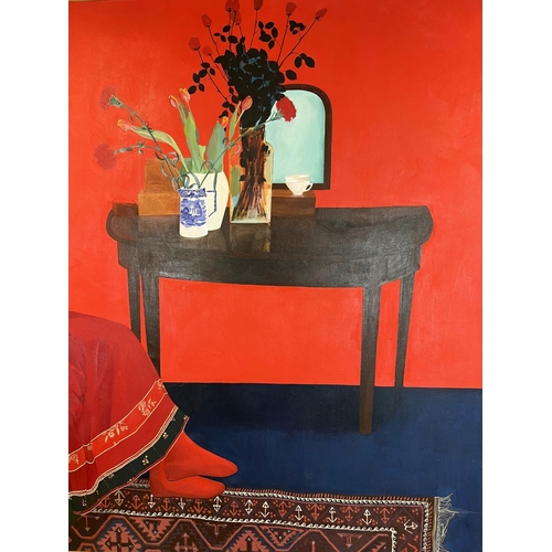 86 - MANNER OF DAVID HOCKNEY (b.1937) 'Lady in a Red Interior', oil on canvas, 245cm x 170cm, framed.