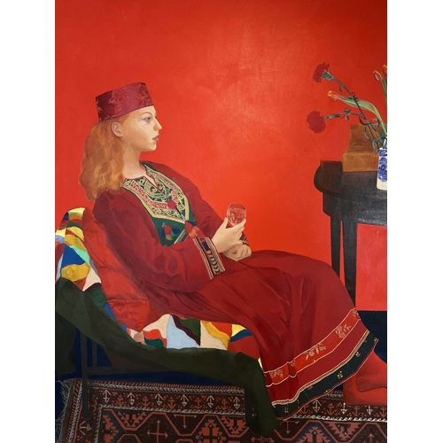 86 - MANNER OF DAVID HOCKNEY (b.1937) 'Lady in a Red Interior', oil on canvas, 245cm x 170cm, framed.