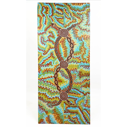 88 - 20th CENTURY ABORIGINAL SCHOOL 'Entwined Snakes', oil on canvas, 204cm x 84cm.