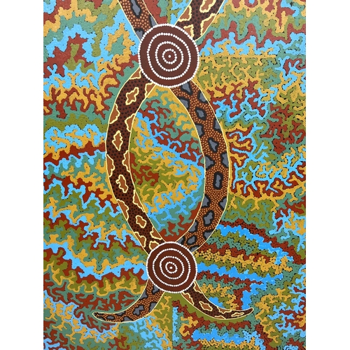 88 - 20th CENTURY ABORIGINAL SCHOOL 'Entwined Snakes', oil on canvas, 204cm x 84cm.