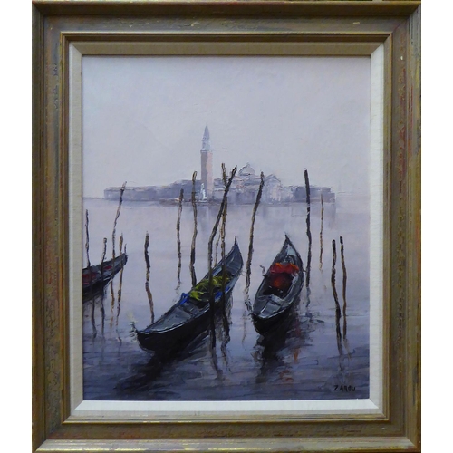 90 - VICTOR ZAROU (French, b.1930) 'Gondolas in the Venice Laguna', oil on canvas, signed lower right, 55... 