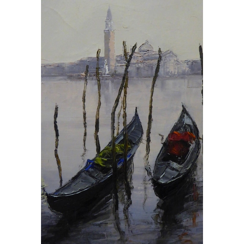 90 - VICTOR ZAROU (French, b.1930) 'Gondolas in the Venice Laguna', oil on canvas, signed lower right, 55... 