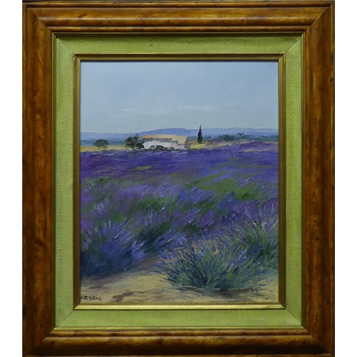 91 - VICTOR ZAROU (French, b.1930) 'Lavender Field in Valensol', oil on canvas, signed lower right, 48cm ... 